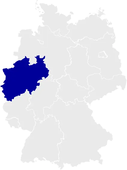 Karte der deutschen Bundesländer, Nordrhein-Westfalen ist hervorgehoben.