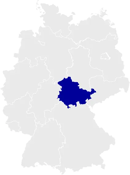 Karte der deutschen Bundesländer, Thüringen ist hervorgehoben.