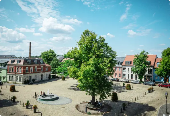 Malerischer Stadtplatz mit Baum und Brunnen, umgeben von historischen Gebäuden
