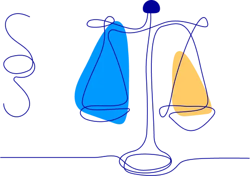 Minimalistische Zeichnung einer Waage mit blauem und gelbem Gewicht